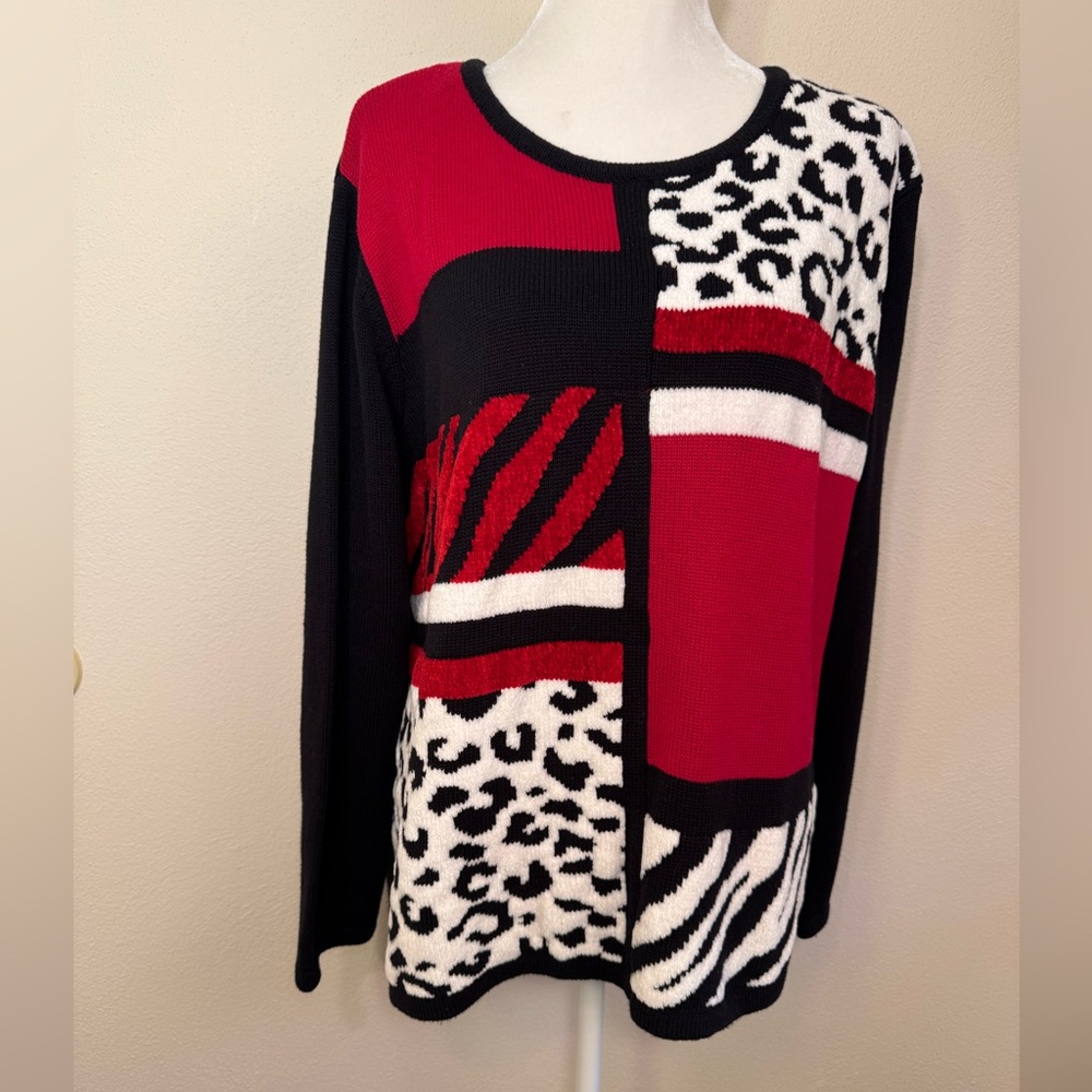 Alfred Dunner Patchwork Red Black White With Animal Print Sweater 1X